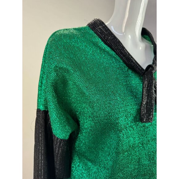 Vintage Green & Black Metallic Knit Long-Sleeve Top With Tie-Neck Detail - Picture 14 of 16